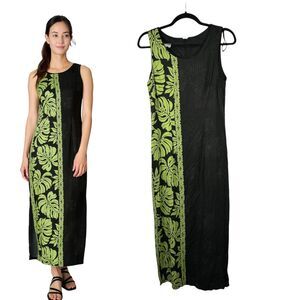 Hilo Hattie Prince Kuhio Black Green Maxi Monstera Leaf Hawaiian Medium